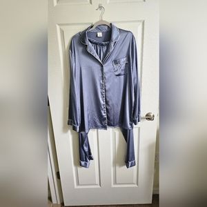 Satin Pajama Set, or Loungewear.  Long Sleeve, Button Up, White Trim